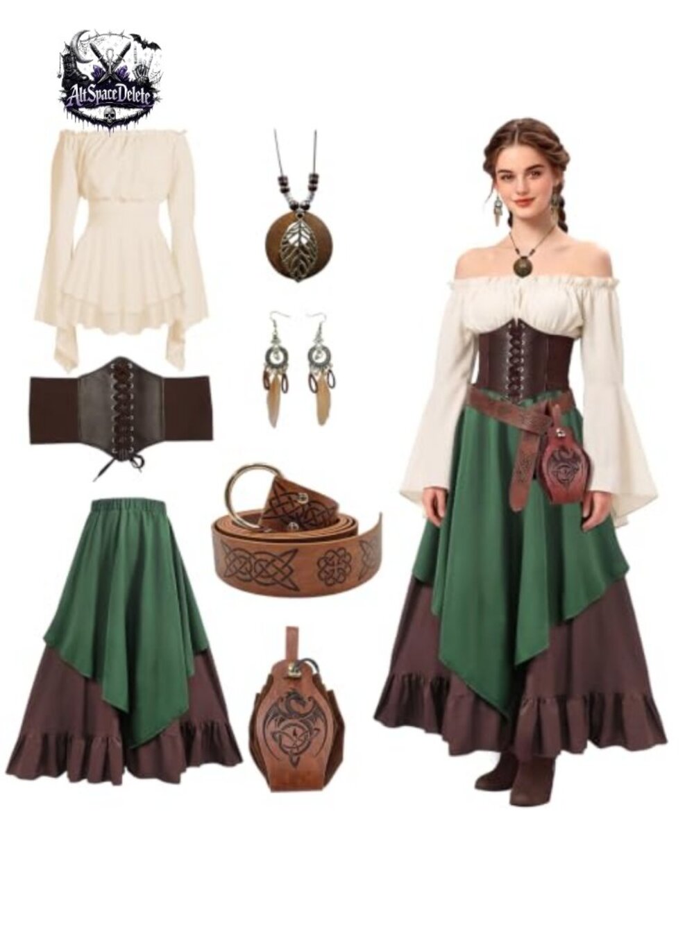 TOLOYE Renaissance Medieval Costume Set Top Corset Skirt Belt Pouch